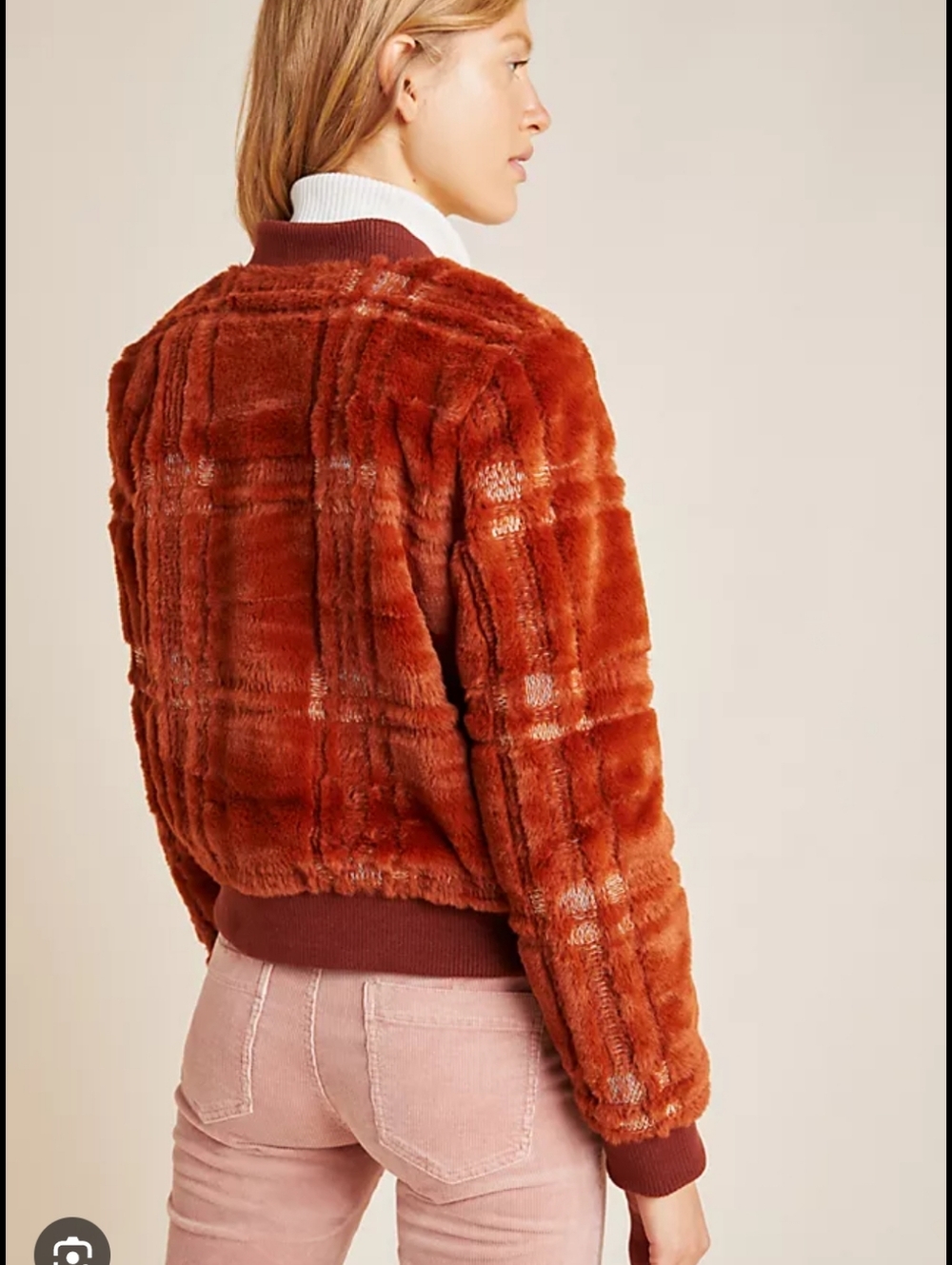 Anthropologie Rust Plaid Faux Fur Bomber Jacket